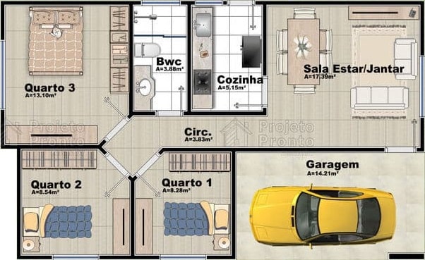 Planta de casa térrea con 3 habitaciones, 1 plaza de garaje y salas de comedor y estar integradas