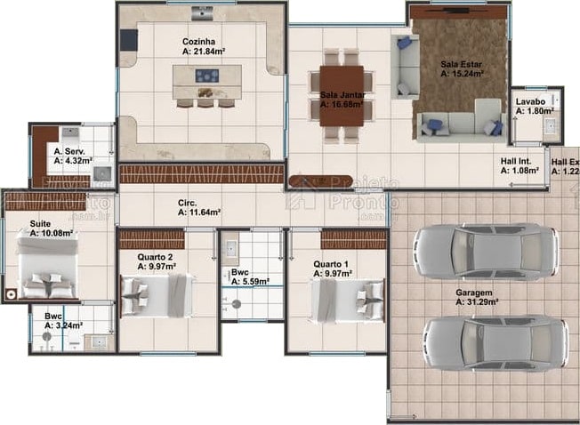 Planta de casa térrea con 3 habitaciones, 2 plazas de garaje, salas de estar y comedor integradas y área de circulación con armarios
