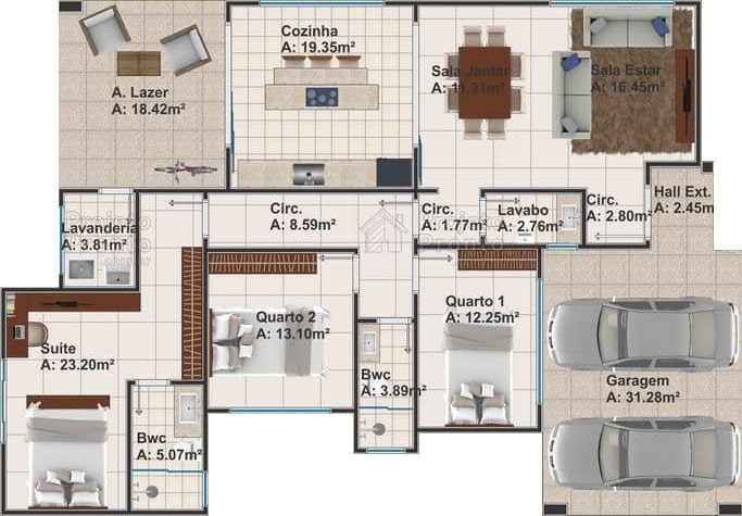 Planta de casa térrea con 3 habitaciones, 2 plazas de garaje y cocina y comedor integrados