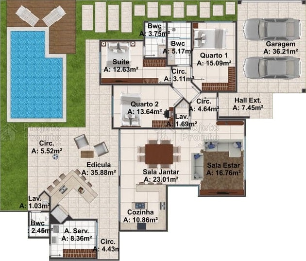 Planta de casa térrea con 3 habitaciones, 2 plazas de garaje y cocina y zona de ocio integradas