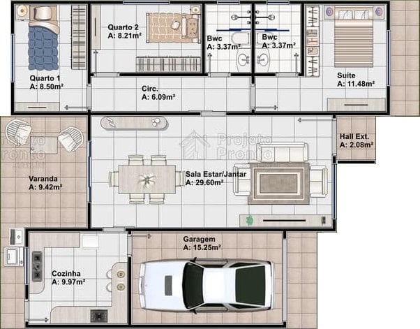 Planta de casa térrea con 3 habitaciones, 1 plaza de garaje y salas de comedor y estar integradas